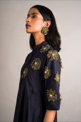 Midnight Blue Half Pleated Embellished Dress - Auruhfy India